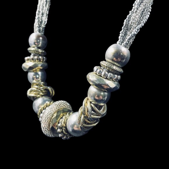 Chunky Beaded Statement Necklace Silver Gold Mixed Metal Boho Bold Jewelry Trend - Picture 7 of 9